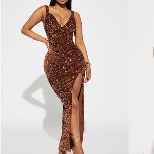 Fashion Nova Brown Sequin Maxi Dress with Plunge Neckline